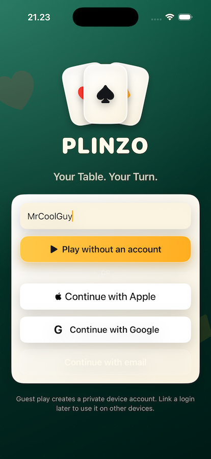 The Plinzo welcome screen